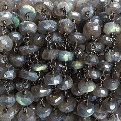 6mm Mystic Labradorite faceted rondelle Black Gold Chain by the foot 32 beads (ONLINE ORDER ONLY)