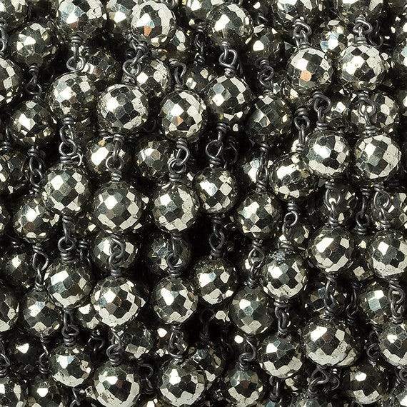 6mm Pyrite faceted round Black Gold .925 Chain by the foot 27 beads (ONLINE ORDER ONLY)