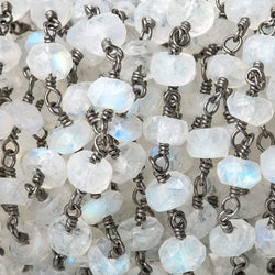 6mm Rainbow Moonstone faceted rondelle Black Gold plated Chain by the foot (ONLINE ORDER ONLY)
