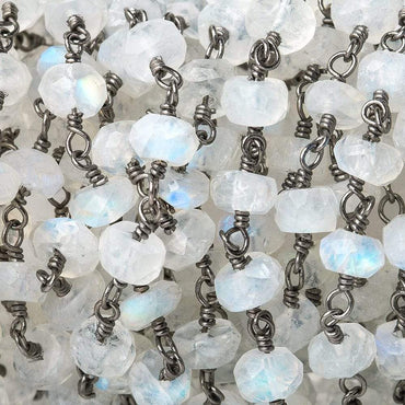 6mm Rainbow Moonstone faceted rondelle Black Gold plated Chain by the foot (ONLINE ORDER ONLY)