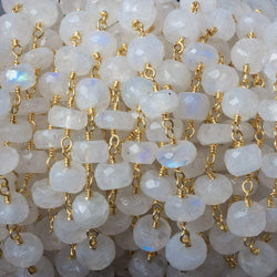 6mm Rainbow Moonstone faceted rondelle Gold Chain by the foot 30 pieces (ONLINE ORDER ONLY)