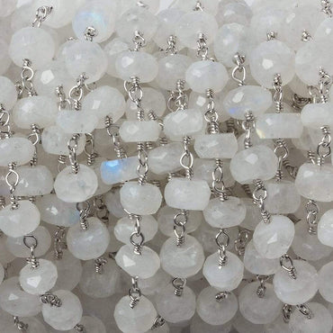6mm Rainbow Moonstone faceted rondelle Silver Chain by the foot 30 pieces (ONLINE ORDER ONLY)