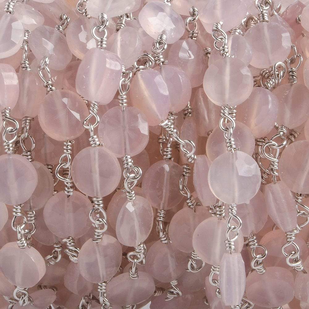 6mm Rose Chalcedony faceted coin Silver plated Chain by the foot 25 pieces (ONLINE ORDER ONLY)