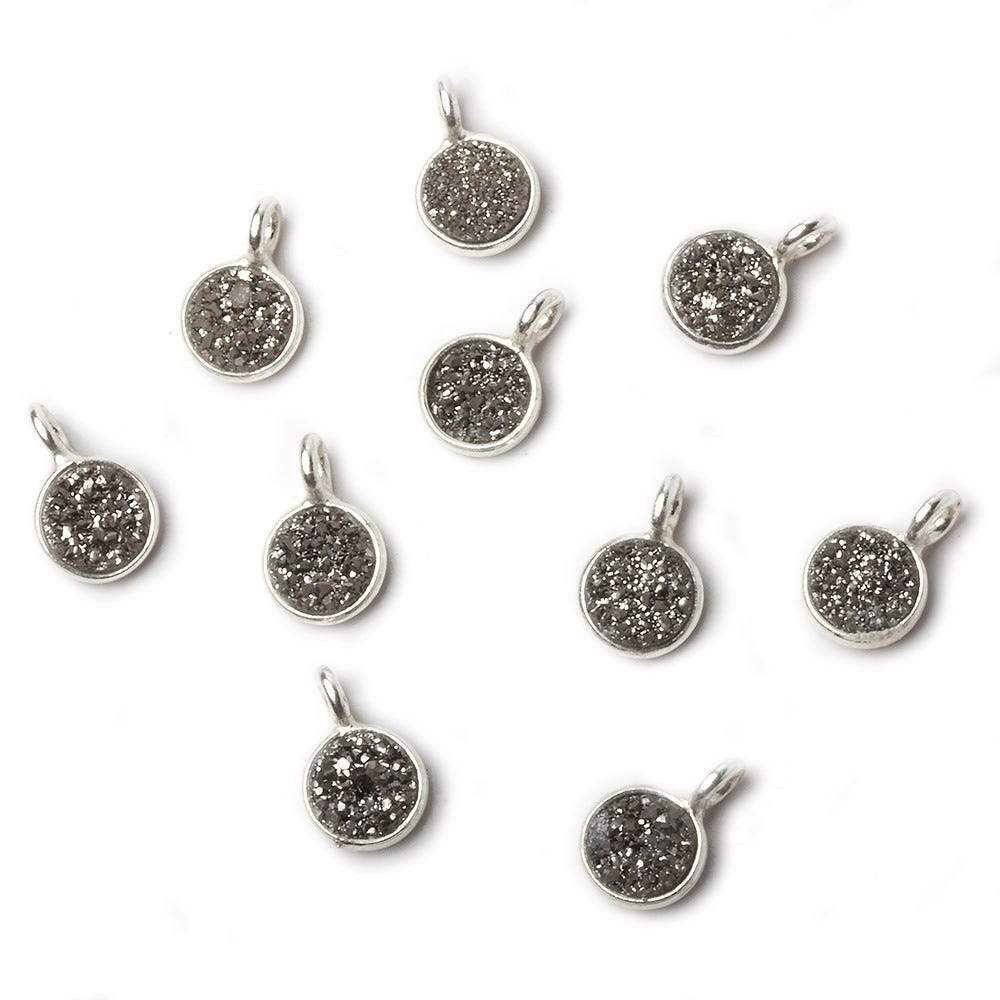 6mm Silver .925 Bezel Platinum Micro Drusy Coin Pendant 1 piece with side facing ring (ONLINE ORDER ONLY)