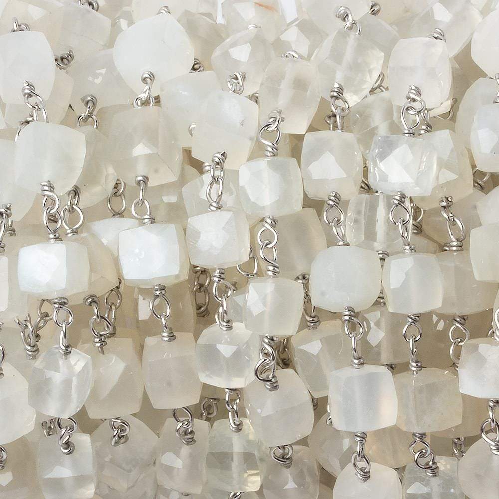 6mm White Moonstone faceted cube .925 Silver Chain by the foot 29 pieces (ONLINE ORDER ONLY)