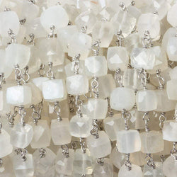 6mm White Moonstone faceted cube .925 Silver Chain by the foot 29 pieces (ONLINE ORDER ONLY)