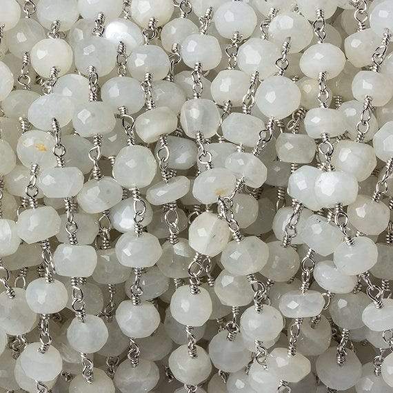 6mm White Moonstone faceted rondelle Silver Chain by the foot 30 pcs (ONLINE ORDER ONLY)