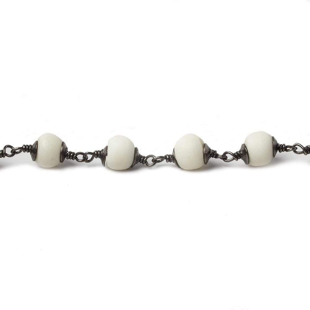 6mm White Ox Bone rounds Black Gold plated Cap and Chain by the foot 21 pcs (ONLINE ORDER ONLY)