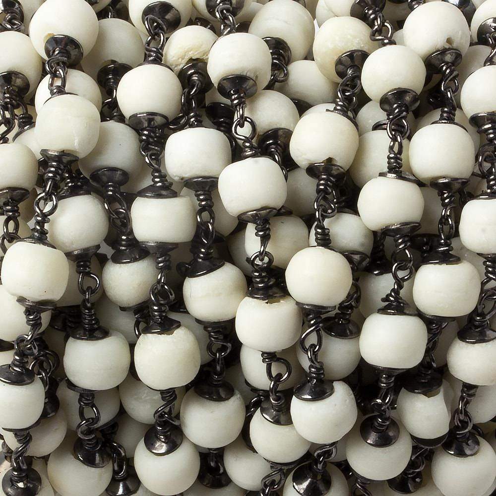 6mm White Ox Bone rounds Black Gold plated Cap and Chain by the foot 21 pcs (ONLINE ORDER ONLY)