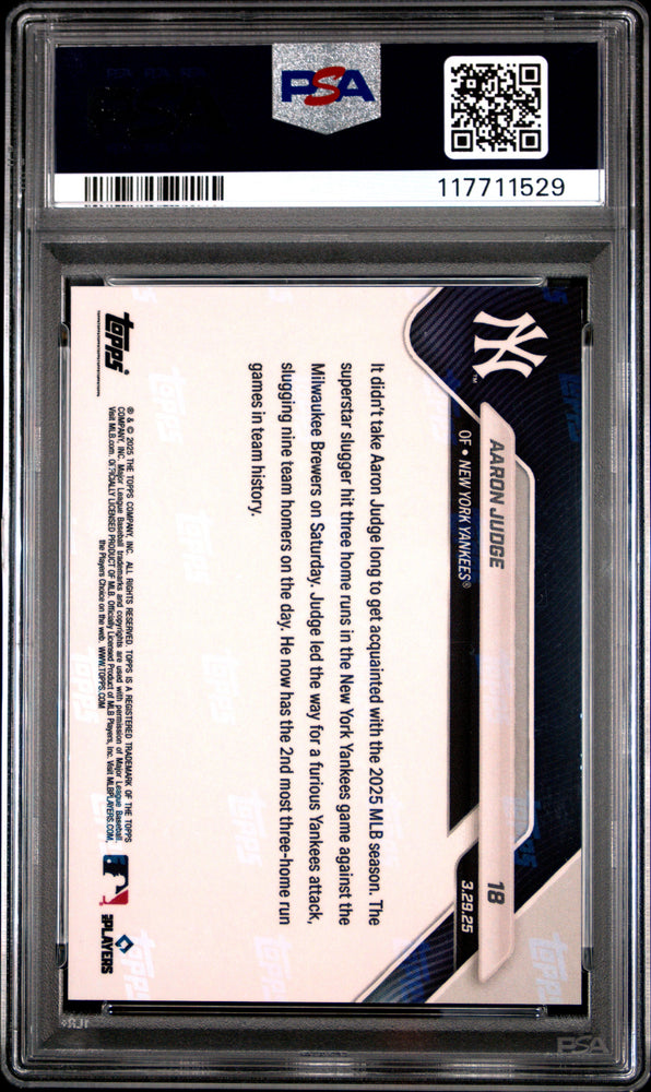 Graded 2025 Topps Now Aaron Judge #18 Orange Foil /25 Baseball Card PSA 10 Gem Mint (ONLINE ORDER ONLY)
