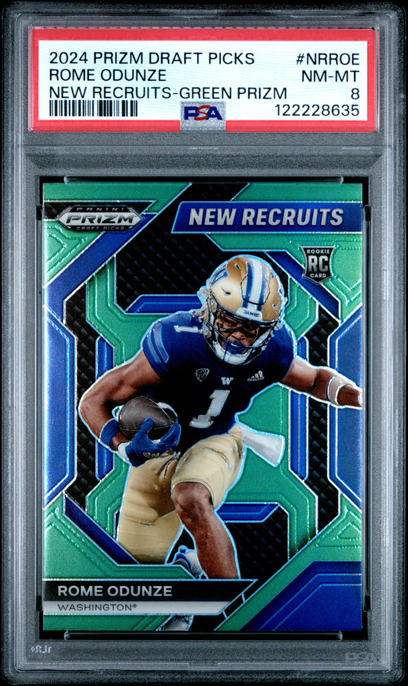 Graded 2024 Panini Prizm Draft Picks Rome Odunze #NRROE New Recruits Green Prizm Rookie RC Football Card PSA 8 Near Mint (ONLINE ORDER ONLY)