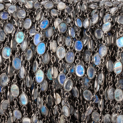 6x5mm Rainbow Moonstone Faceted Oval Cabochon Black Gold .925 Bezeled Chain (ONLINE ORDER ONLY)
