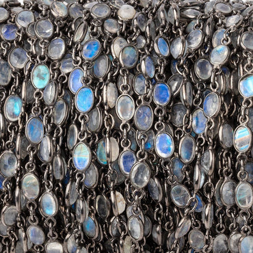 6x5mm Rainbow Moonstone Faceted Oval Cabochon Black Gold .925 Bezeled Chain (ONLINE ORDER ONLY)