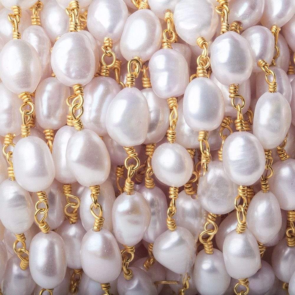 6x6-8x6mm Ballet Soft Pink Straight Drill Baroque Pearl Gold plated Chain by the foot (ONLINE ORDER ONLY)