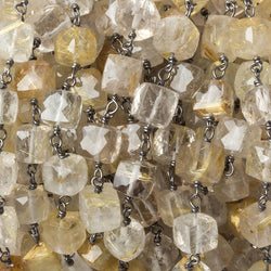 6x6mm Golden Rutilated Quartz cube Black Gold plated .925 Silver Chain by the foot 25 pcs (ONLINE ORDER ONLY)