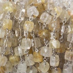6x6mm Golden Rutilated Quartz cube Silver .925 Chain by the foot 25 pcs (ONLINE ORDER ONLY)
