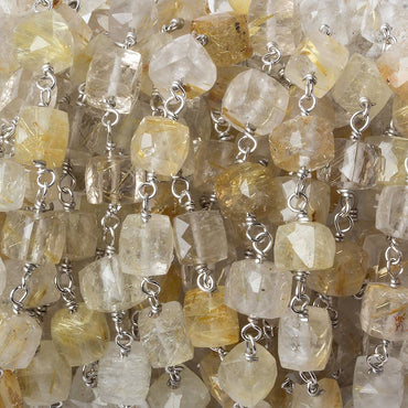6x6mm Golden Rutilated Quartz cube Silver .925 Chain by the foot 25 pcs (ONLINE ORDER ONLY)