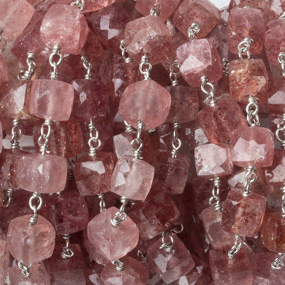 6x6mm Strawberry Quartz faceted cube Silver .925 Chain by the foot 26 pcs (ONLINE ORDER ONLY)