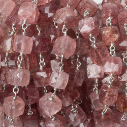 6x6mm Strawberry Quartz faceted cube Silver .925 Chain by the foot 26 pcs (ONLINE ORDER ONLY)
