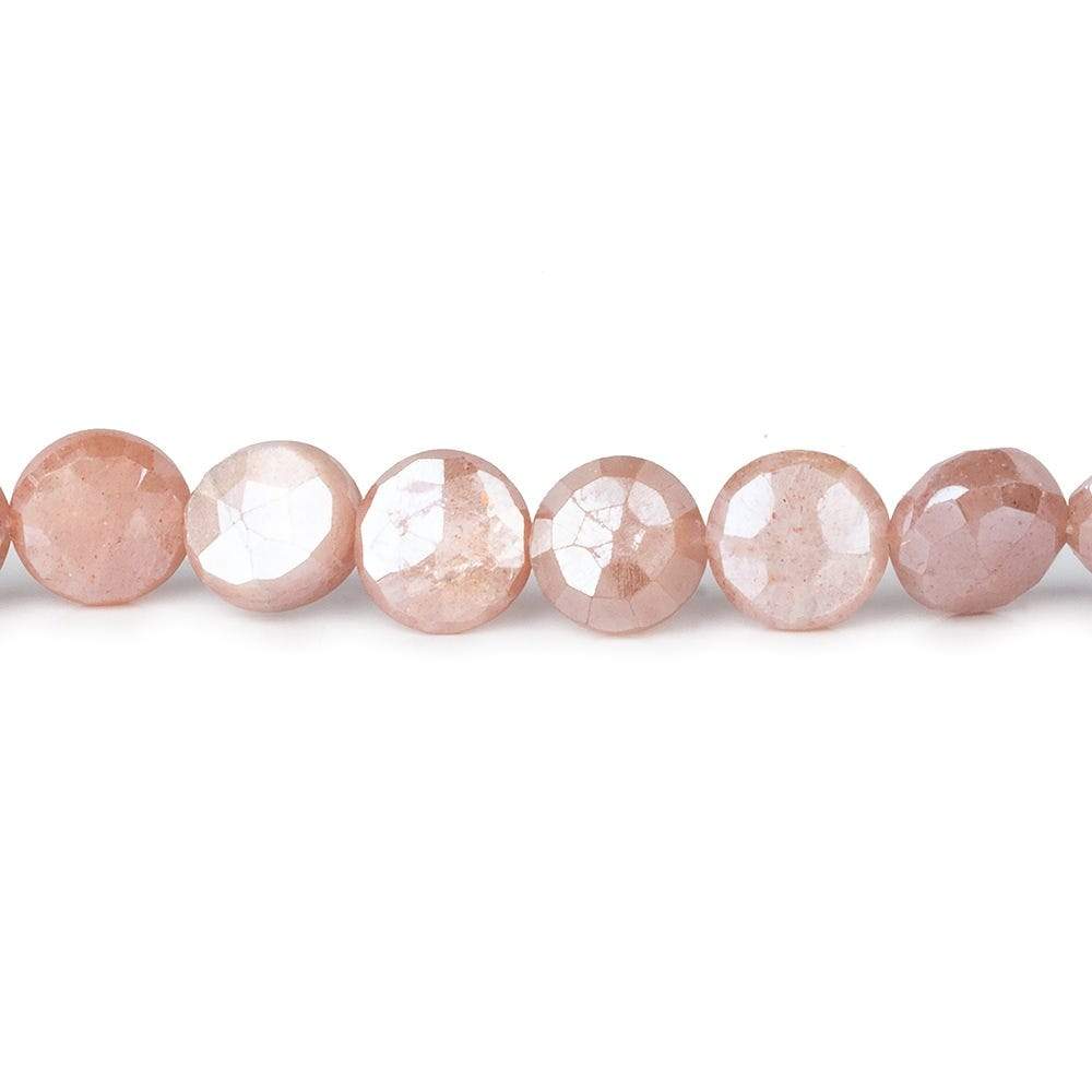 7-8.5mm Mystic Dark Peach Moonstone faceted coins 14 inch 42 beads (ONLINE ORDER ONLY)