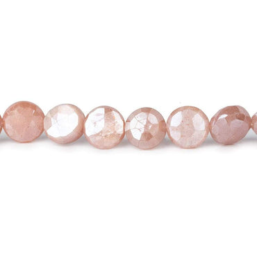 7-8.5mm Mystic Dark Peach Moonstone faceted coins 14 inch 42 beads (ONLINE ORDER ONLY)