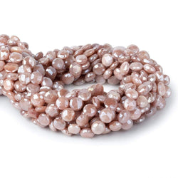 7-8.5mm Mystic Dark Peach Moonstone faceted coins 14 inch 42 beads (ONLINE ORDER ONLY)