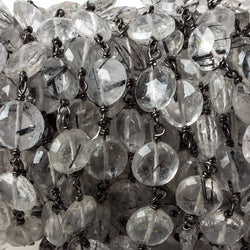 7-8mm Black Tourmalinated Quartz coin Black Gold .925 Silver Chain by the foot (ONLINE ORDER ONLY)