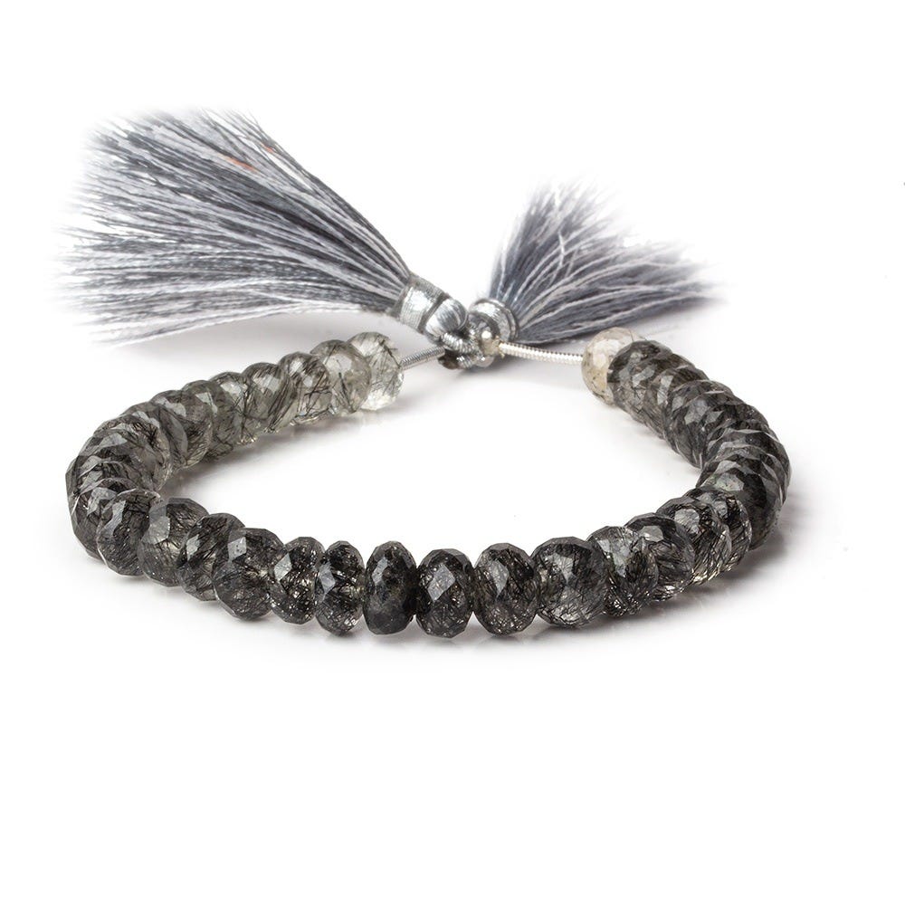 7-8mm Black Tourmalinated Quartz faceted rondelles 7 inch 39 beads AA (ONLINE ORDER ONLY)