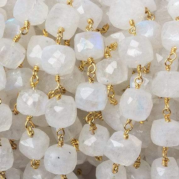 7-8mm Rainbow Moonstone faceted cube Vermeil Chain by the foot 26 beads (ONLINE ORDER ONLY)
