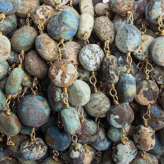 7-9mm Matte Chrysocolla Coins Gold Chain by the foot 21 beads (ONLINE ORDER ONLY)