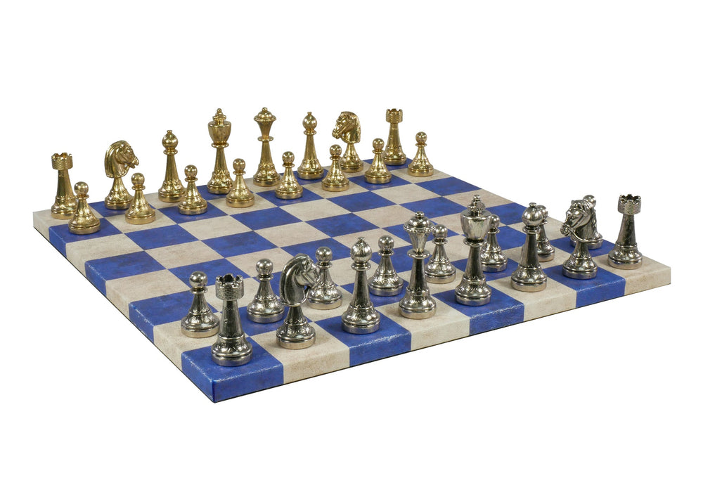 Chess Set - Staunton Metal Chess Pieces on Blue&Cream Faux Leatherette Board (ONLINE ORDER ONLY)