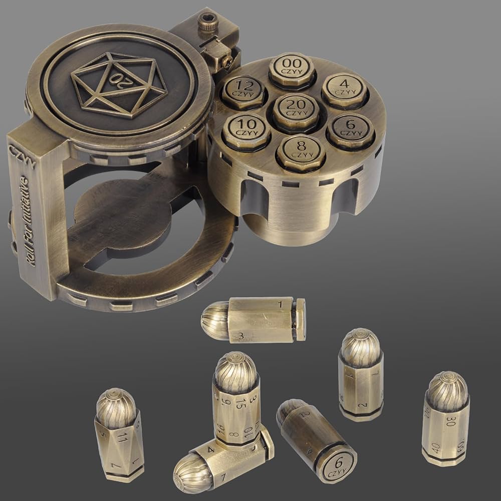 Metal Bullet Dice Set of 7 with Spinning Revolver Cylinder Container (ONLINE ORDER ONLY)
