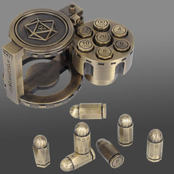 Metal Bullet Dice Set of 7 with Spinning Revolver Cylinder Container (ONLINE ORDER ONLY)