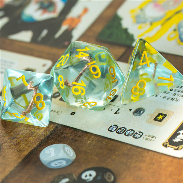 Cleric (Mace) Clear/yellow Dice w/ Golden Mace 7-Dice Set Rpg (Online Only)