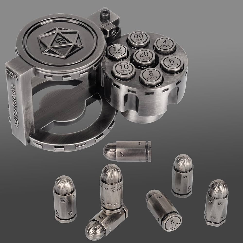 Metal Bullet Dice Set of 7 with Spinning Revolver Cylinder Container (ONLINE ORDER ONLY)