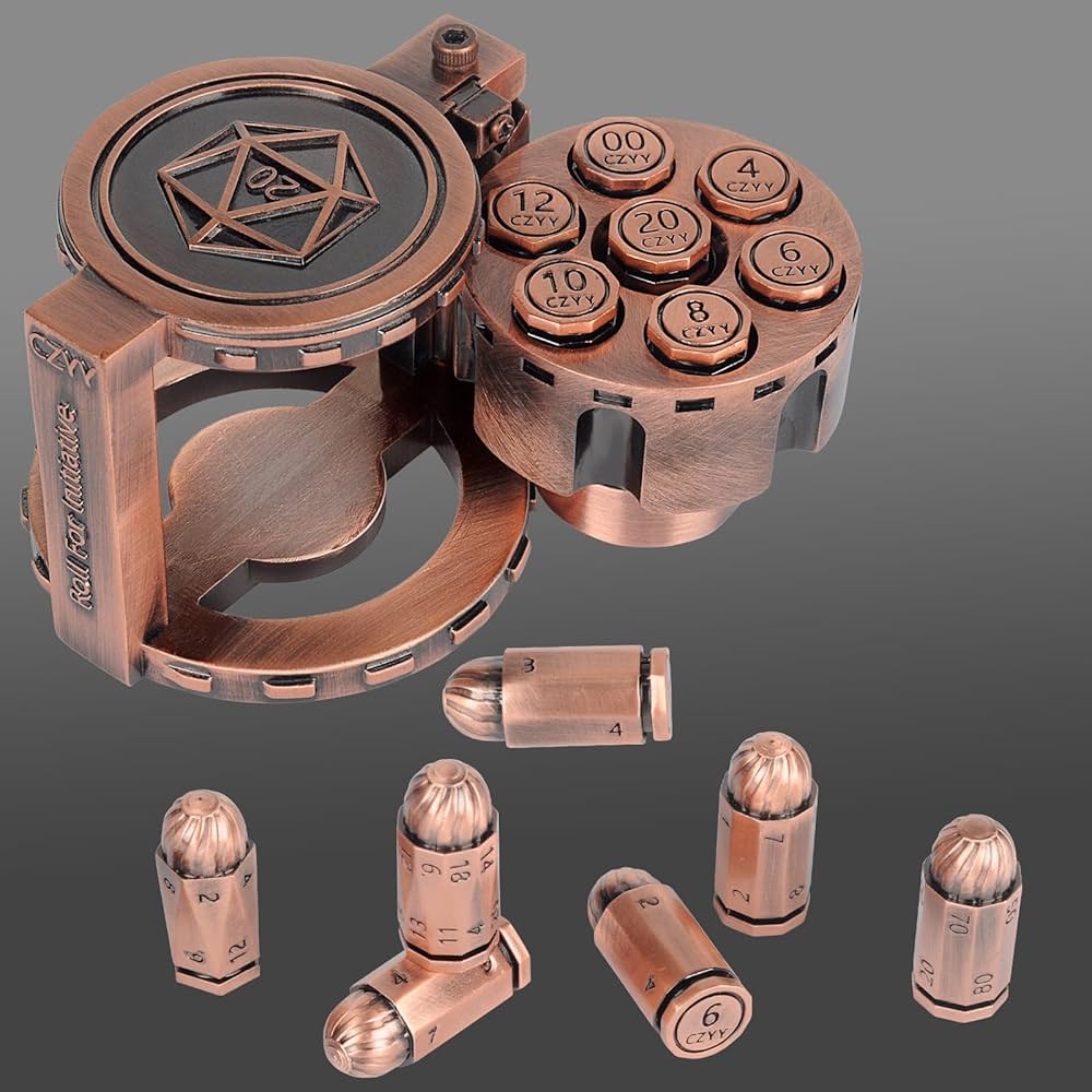 Metal Bullet Dice Set of 7 with Spinning Revolver Cylinder Container (ONLINE ORDER ONLY)