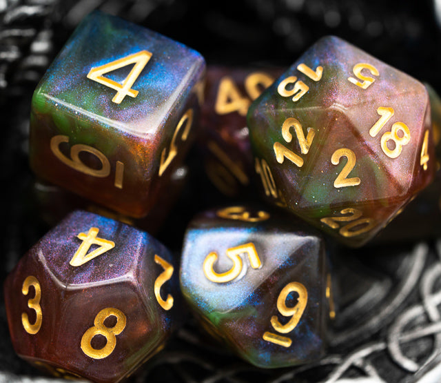 Purple & Green w/gold Galaxy Glitter 7-Dice Set RPG (Online Only)