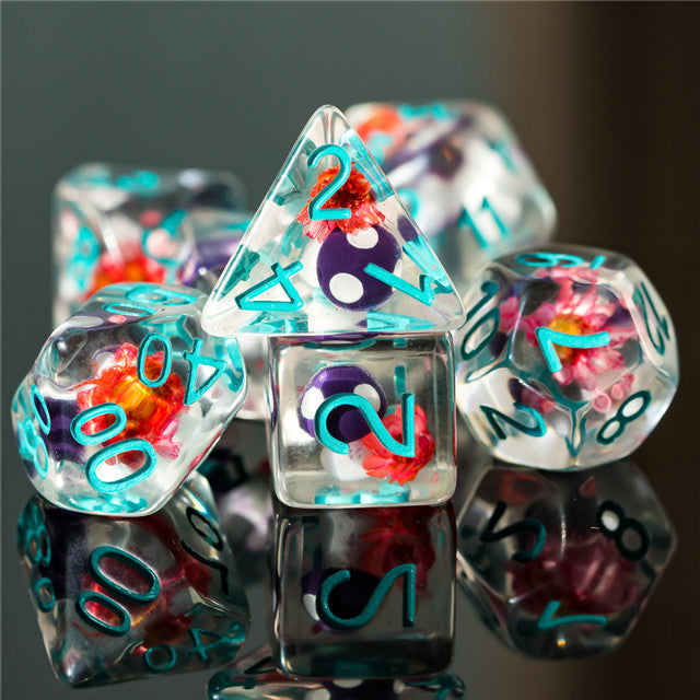 Purple Mushroom Dice Clear Pink Flower w/Teal Numbers 7-Dice Set Rpg (Online Only)
