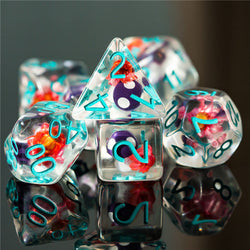 Purple Mushroom Dice Clear Pink Flower w/Teal Numbers 7-Dice Set Rpg (Online Only)