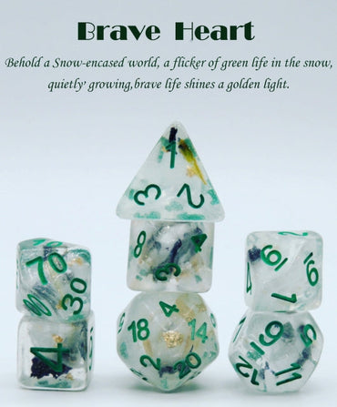 Brave Heart Dice Clear Dice w/ Flowers Foil  Green 7-Dice Set Rpg (Online Only)