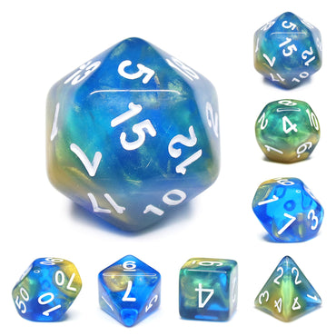 Starry Night Glitter Blue with White Numbering 7-Dice Set RPG (Online Only)