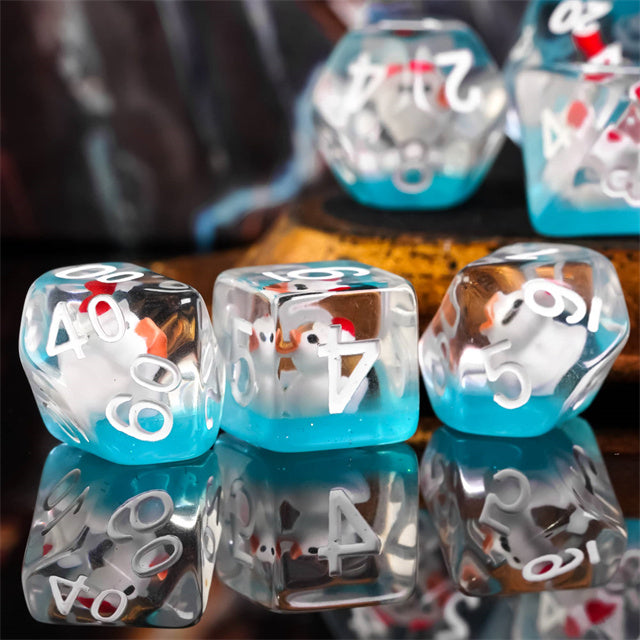 White Duck Red Hat on Blue 7-Dice Set w/White Numbers Dnd Dice Set (Online Only)