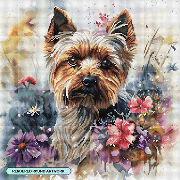 Diamond Art Club – Yorkie Diamond Painting with Spring Flowers (Round Drill, 22" x 22") (ONLINE ORDER ONLY)