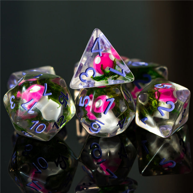 Pink Mushroom Dice Clear Green Vine w/Lavender Numbers 7-Dice Set Rpg (Online Only)
