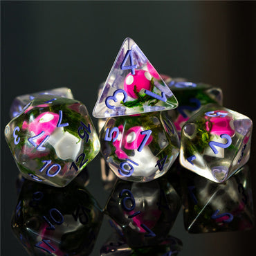 Pink Mushroom Dice Clear Green Vine w/Lavender Numbers 7-Dice Set Rpg (Online Only)