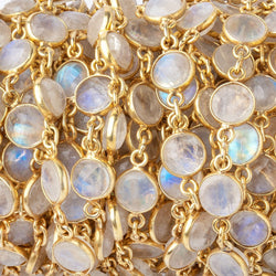 7.5-8mm Rainbow Moonstone Faceted Coin Cabochon Vermeil Bezeled Chain (ONLINE ORDER ONLY)