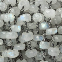7.5-8mm Rainbow Moonstone faceted rondelle Black Gold Chain by the foot 28 pieces (ONLINE ORDER ONLY)
