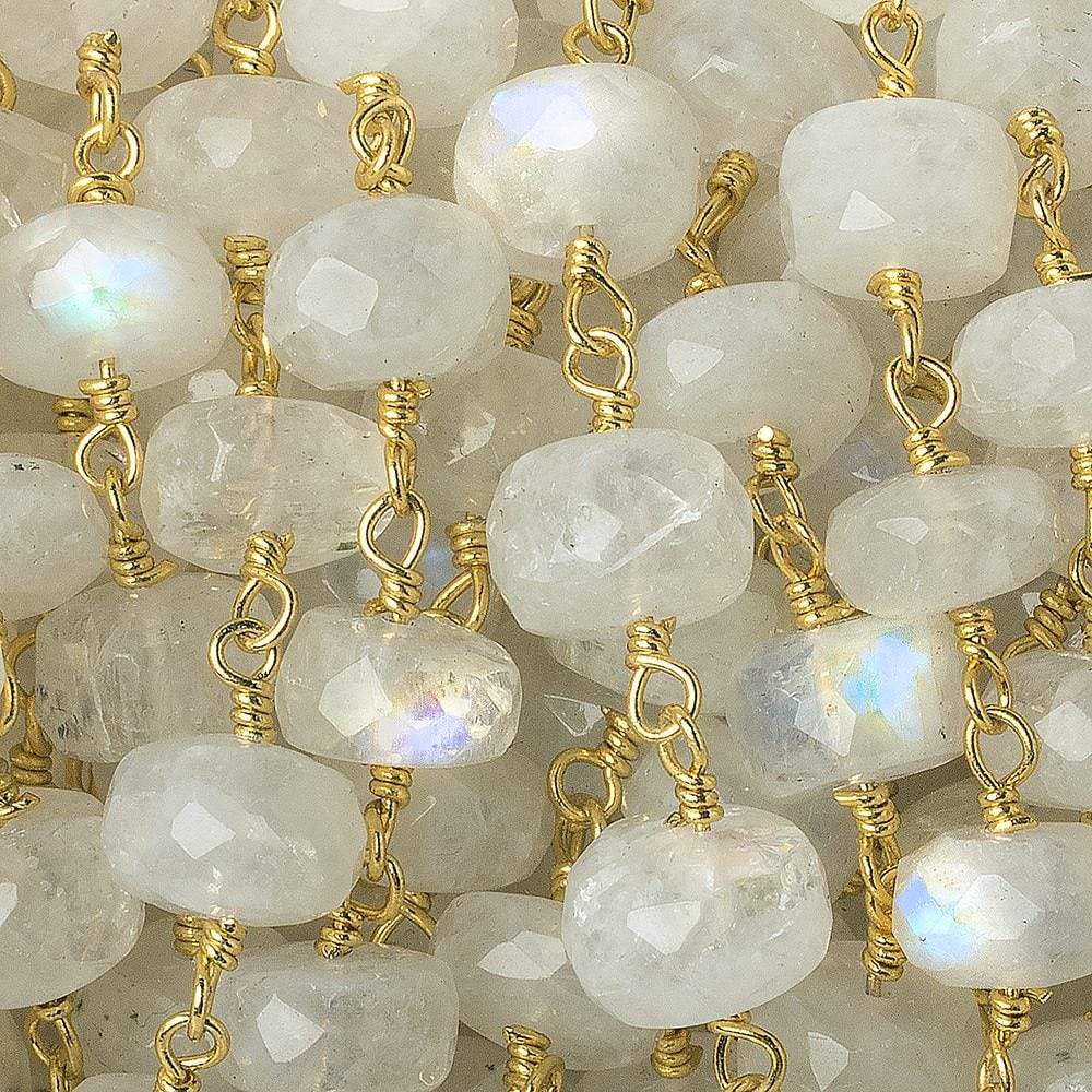 7.5-8mm Rainbow Moonstone faceted rondelle Gold Chain by the foot 28 pieces (ONLINE ORDER ONLY)