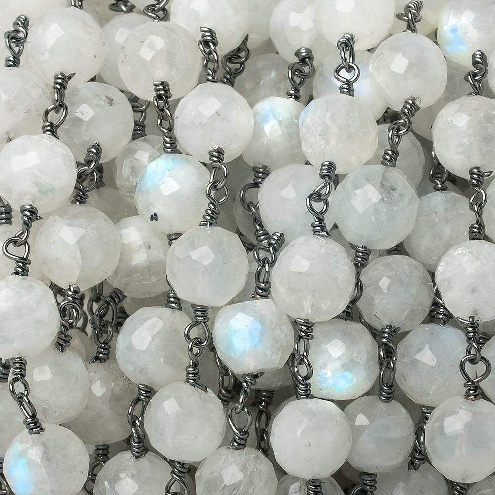 7.5-8mm Rainbow Moonstone faceted round Black Gold Chain by the foot 22 pieces (ONLINE ORDER ONLY)