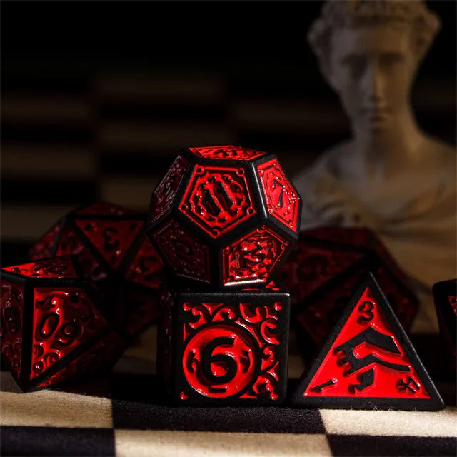 Black with Red Irregular Pattern Fill: 7-Piece Acrylic Dice Set (Online Only)